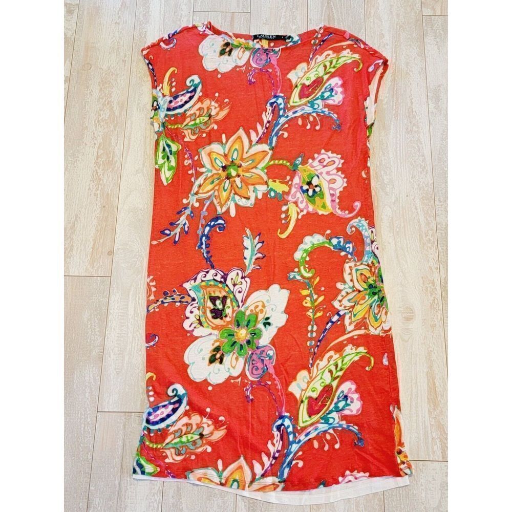 Lauren Ralph‎ Lauren Dress S Sheath Stretch Bright Red Floral Paisly Stretch SS